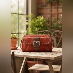 Kathy Van Zeeland Red Jacquard Studded Crossbody Bag Buckle Accent Purse